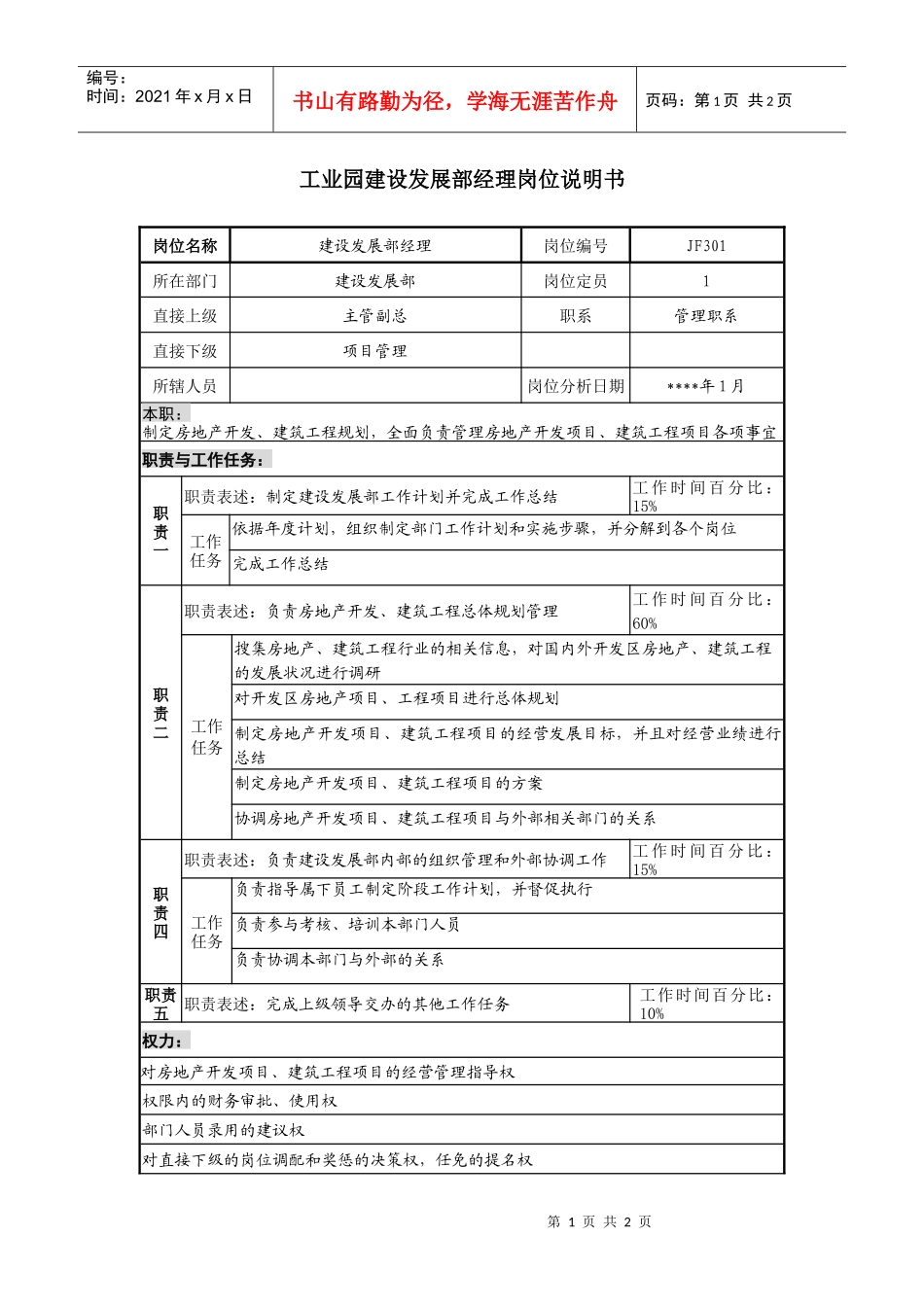 工业园建设发展部经理岗位说明书_第1页