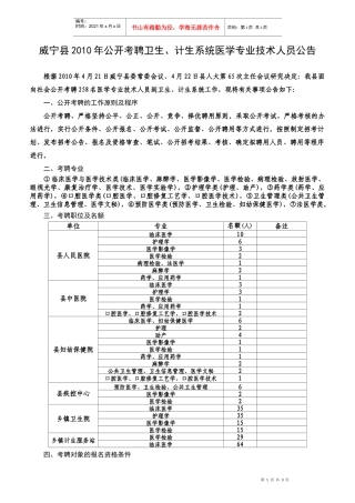 威宁县卫生局公开考聘卫生专业技术人员派驻乡镇卫生院工作的公告