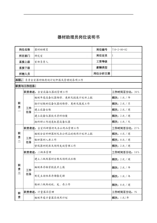 中船重工研究所器材助理员岗位说明书