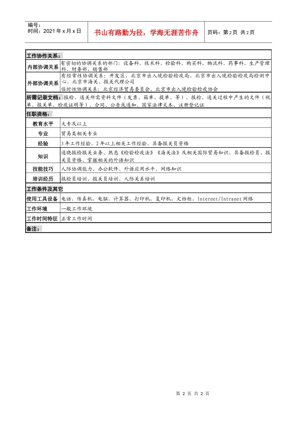 化妆品公司检疫员岗位说明书_第2页