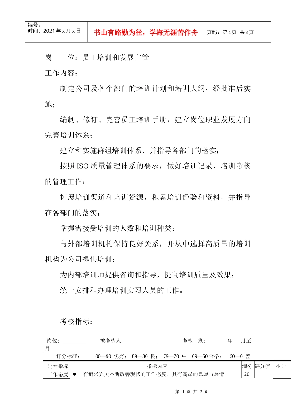 岗位工作内容和年度定性考核指标-员工培训和发展主管_第1页