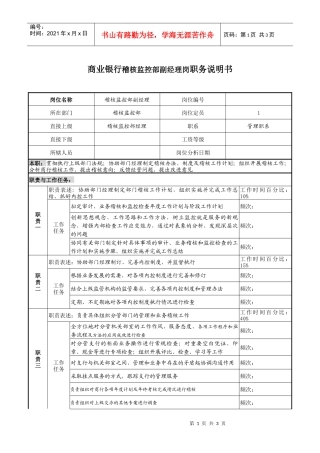商业银行稽核监控部副经理岗职务说明书