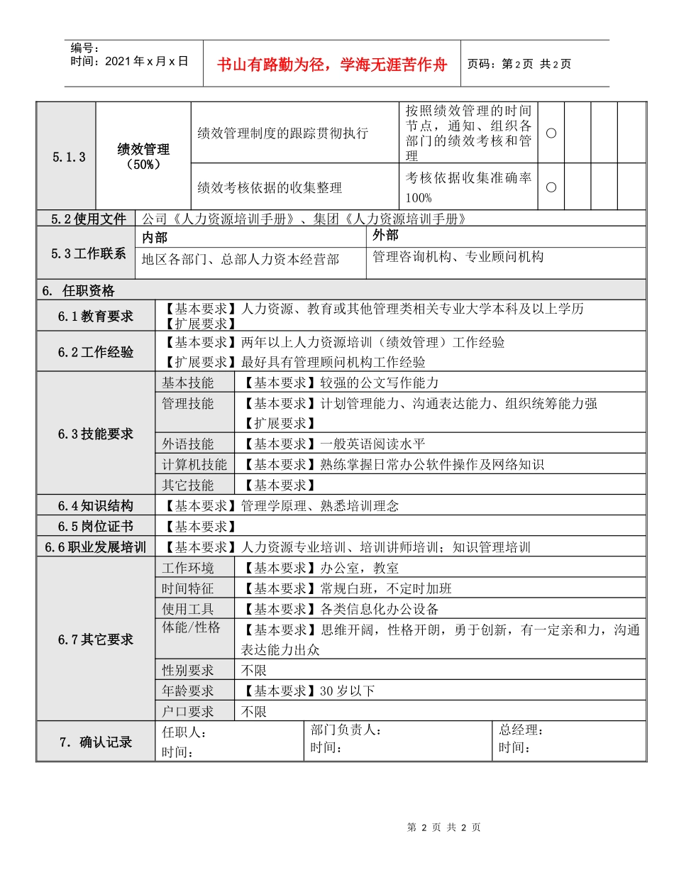 人力资源-20222绩效考核与培训专业师岗位说明书_第2页