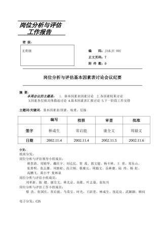 岗位分析与评估基本因素表讨论会议纪要