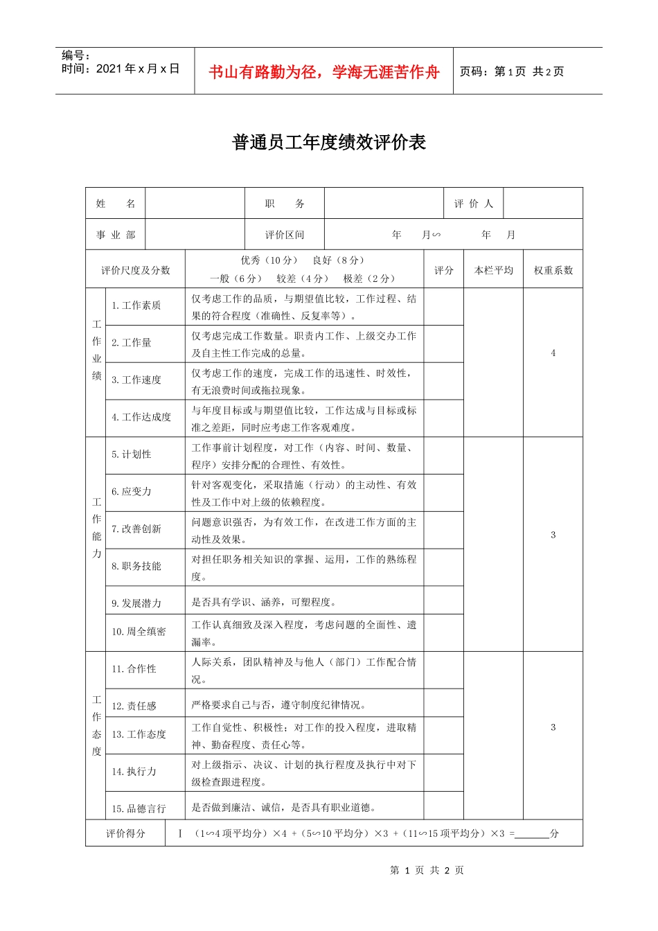 【绩效考核】普通员工年度绩效评价表_第1页