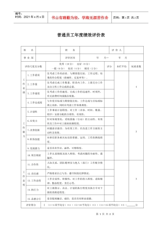 【绩效考核】普通员工年度绩效评价表