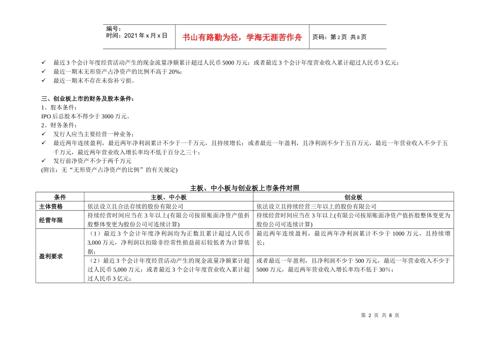 主板、中小板、创业板上市条件对比(打印版)_第2页