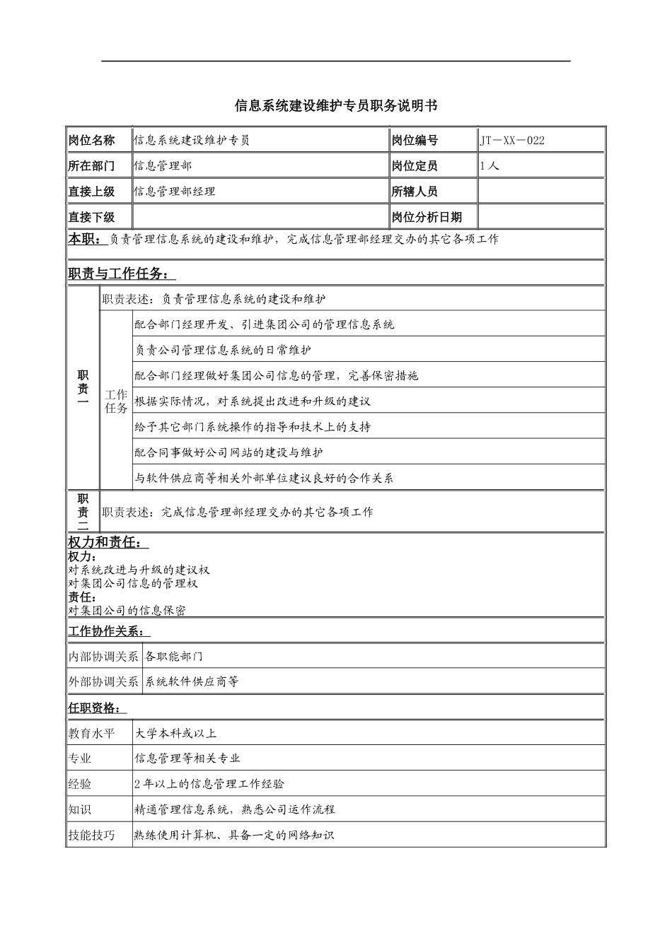 信息系统建设维护专员岗位说明书_第1页