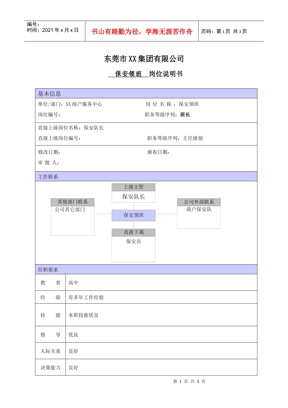 XX商场保安领班职位说明书_第1页