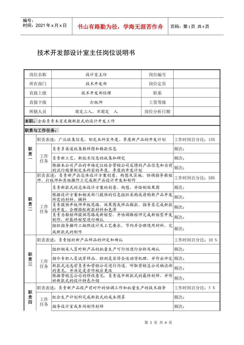 制鞋企业技术开发部设计室主任岗位说明书_第1页