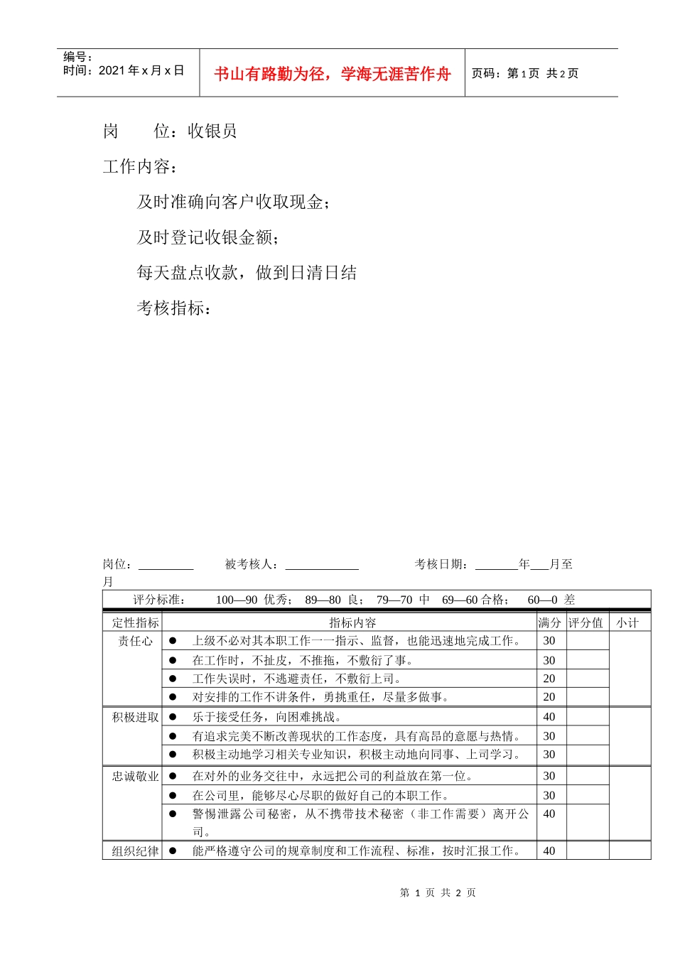岗位工作内容和年度定性考核指标-收银员_第1页