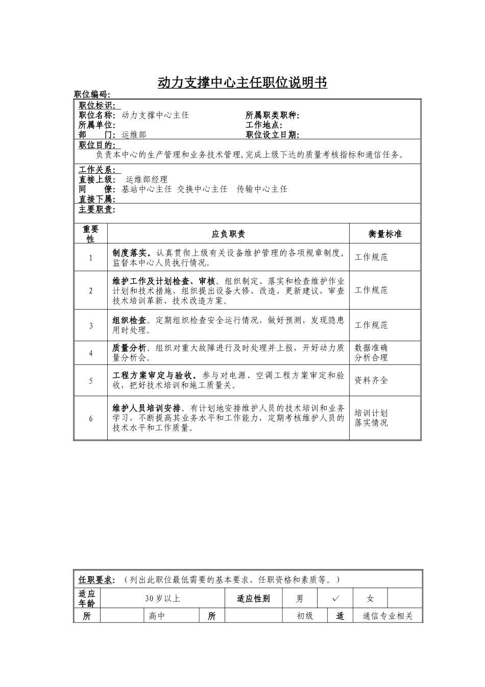 动力支撑中心主任岗位说明书_第1页