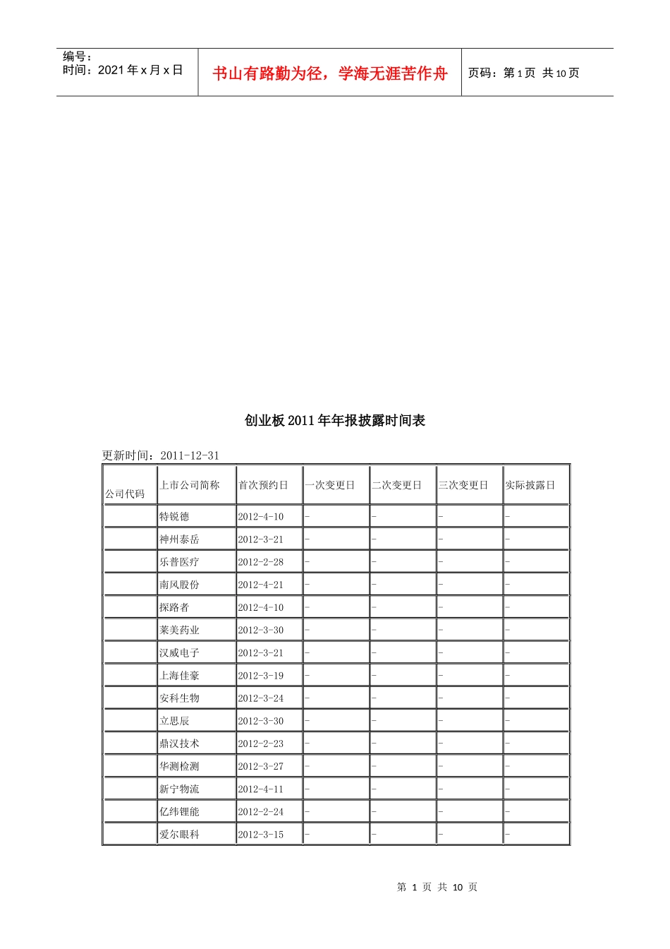创业板年度年报披露时间表_第1页