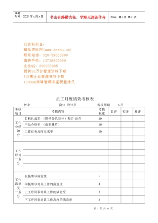 公司员工月度绩效考核表