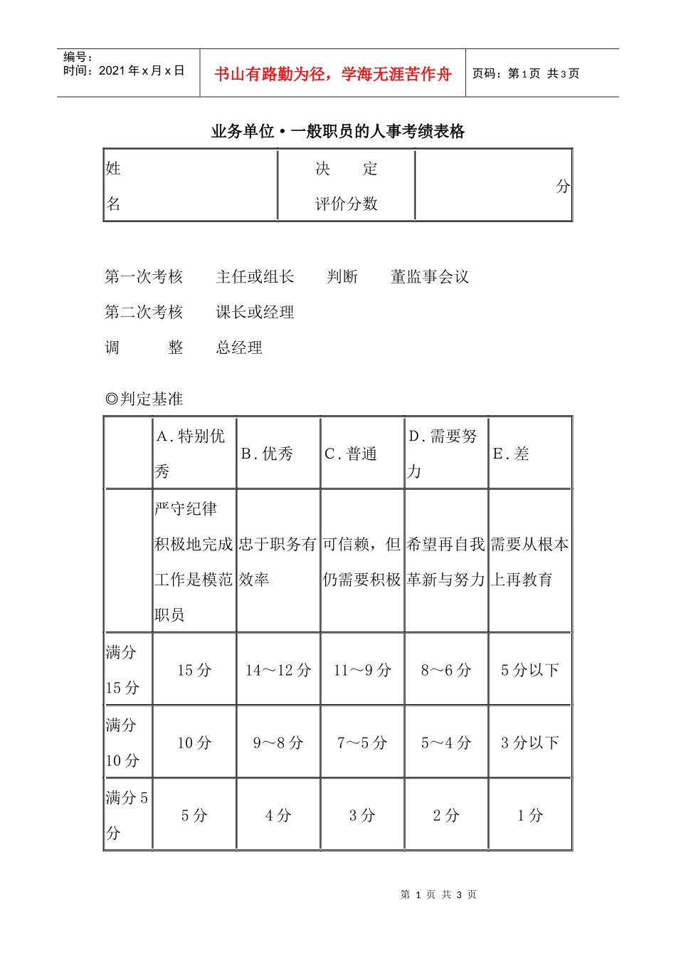 业务单位一般职员的人事考绩表格_第1页
