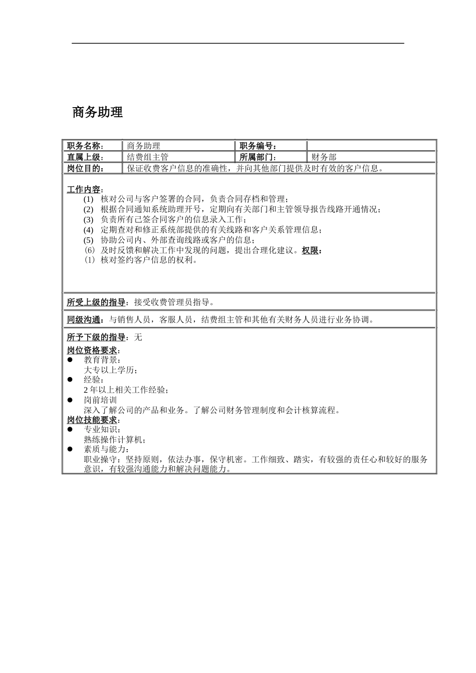 商务助理岗位说明书_第1页