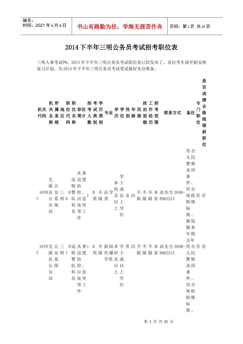 人力资源-2022XXXX下半年三明公务员考试招考职位表_第1页