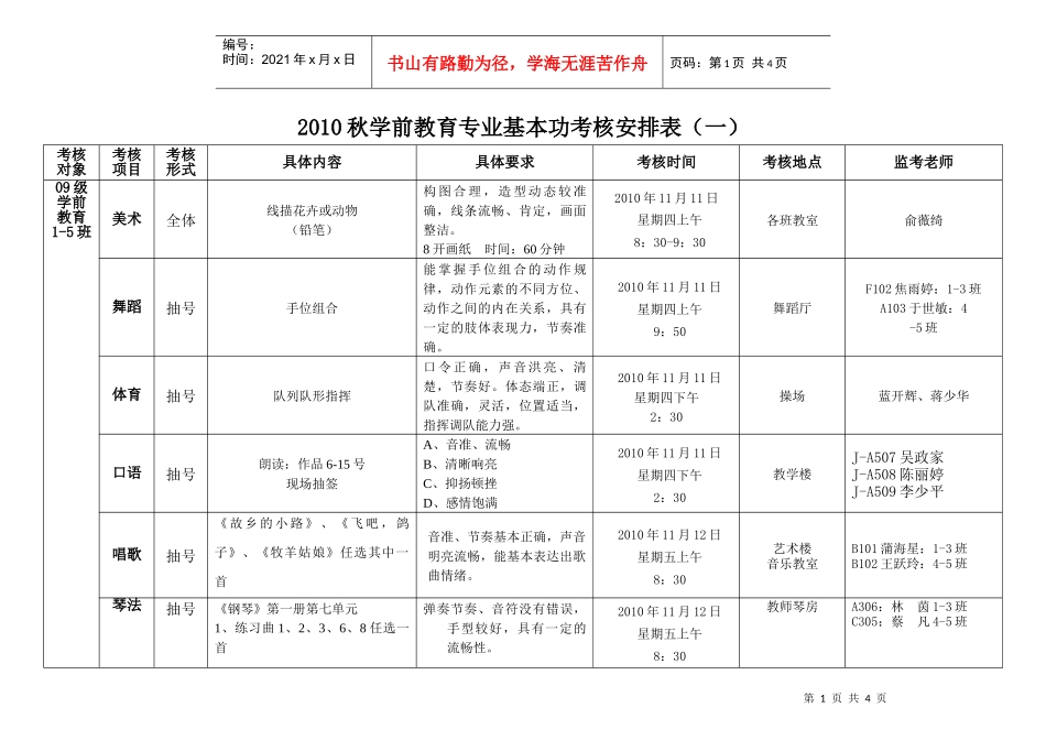 XXXX年秋学前教育专业基本功考核安排表-泉州儿童发展职_第1页