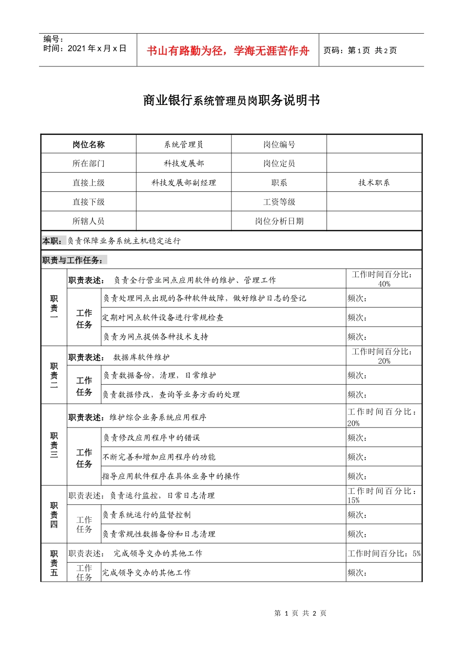 商业银行系统管理员岗职务说明书_第1页
