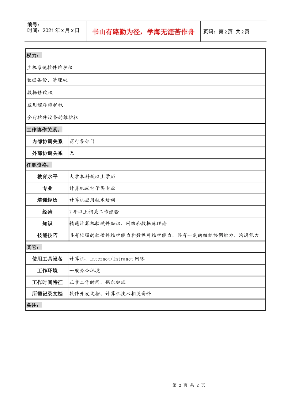 商业银行系统管理员岗职务说明书_第2页