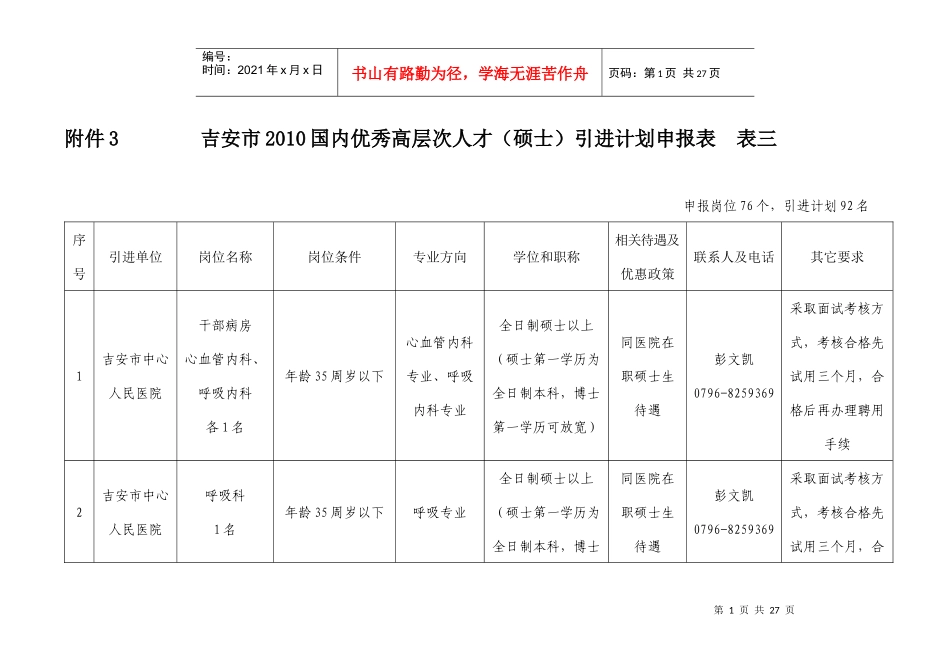 吉安市XXXX国内优秀高层次专业技术人才（硕士以上学历）引进_第1页