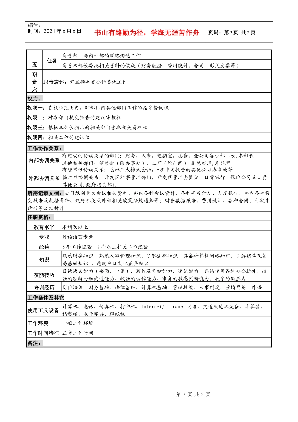 化妆品公司翻译岗岗位说明书_第2页