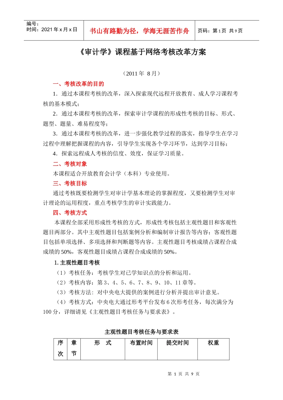 审计学课程基于网络考核改革方案_第1页