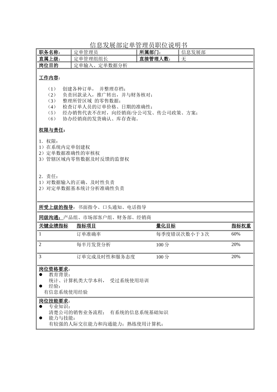 信息发展部定单管理员职位说明书_第1页