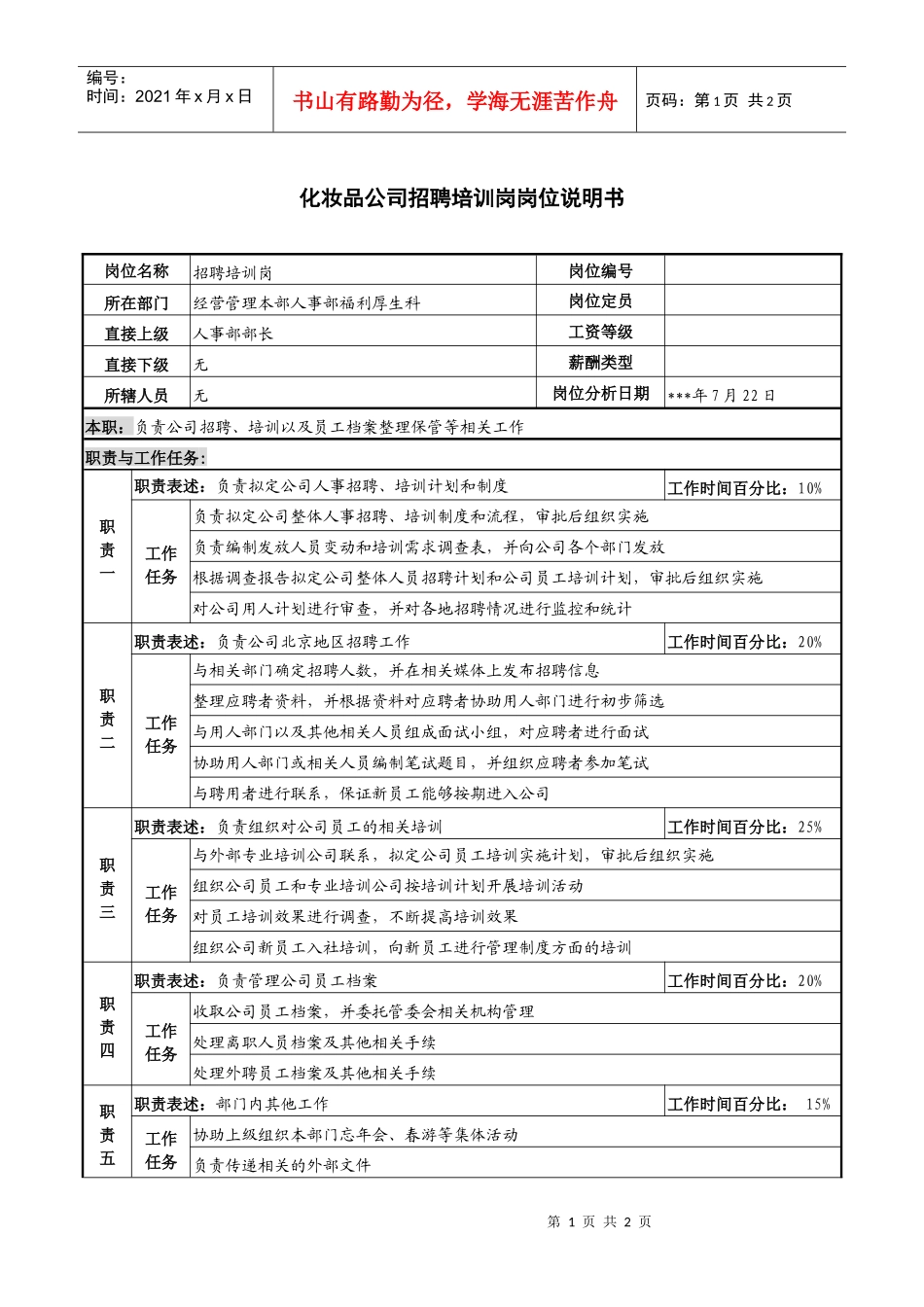化妆品公司招聘培训岗岗位说明书_第1页