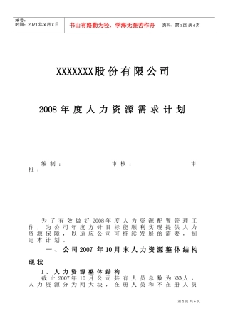 某某年度人力资源需求计划