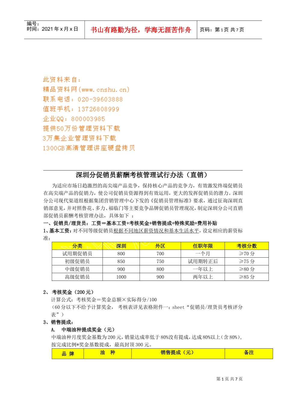 深圳分促销员薪酬考核管理试行制度_第1页