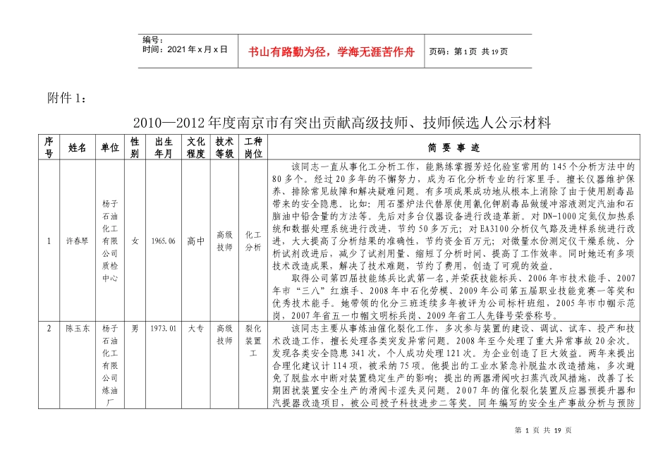人力资源-2022XXXX—XXXX年度南京市有突出贡献高级技师、技师候选人公_第1页