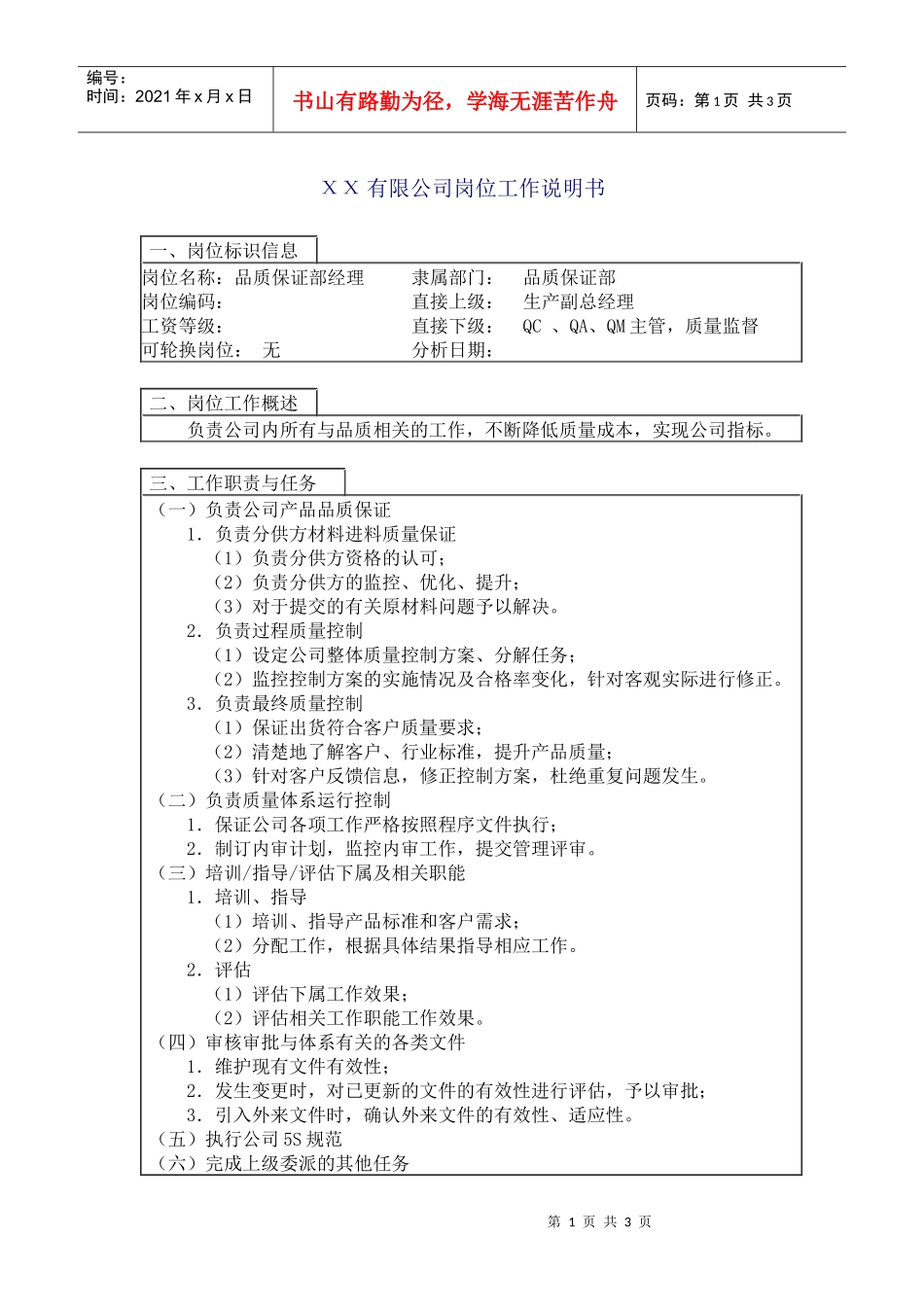 品质保证部经理岗位说明书_第1页