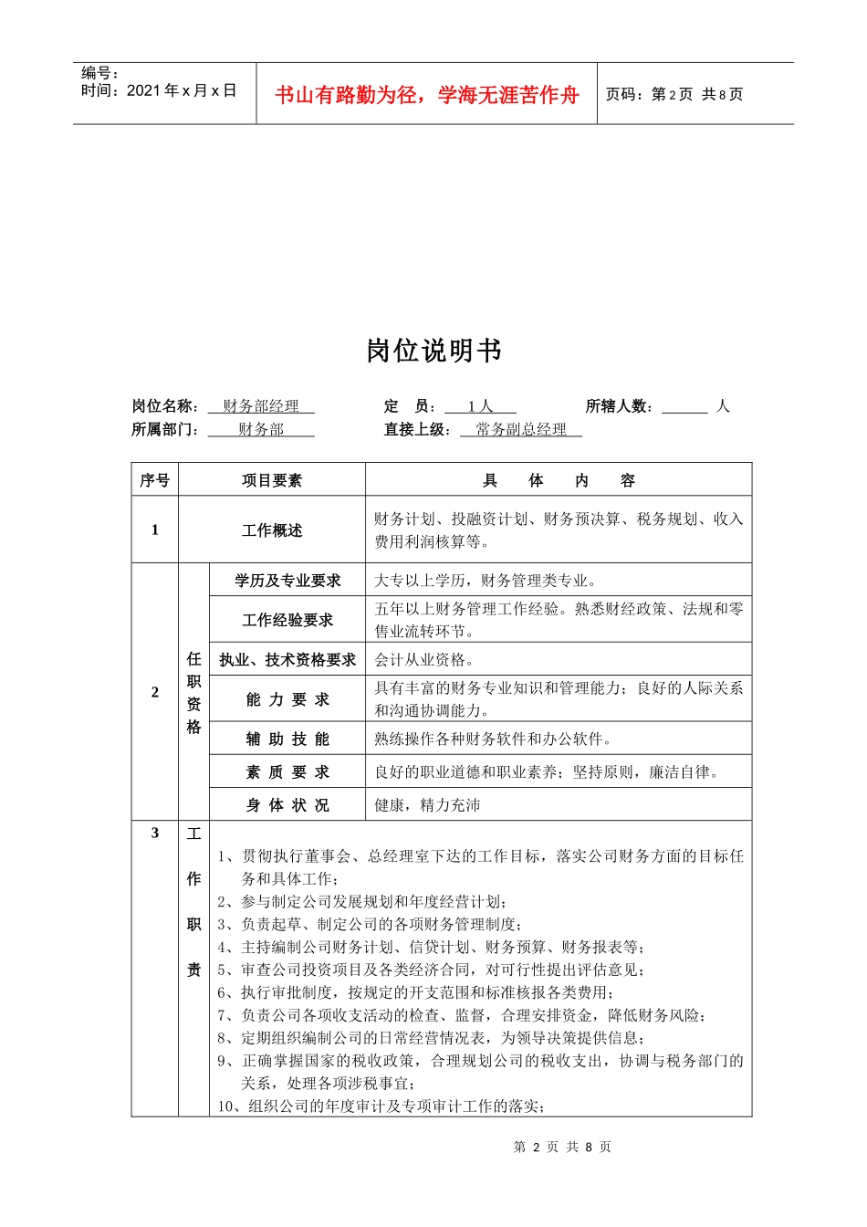人力资源-2022Gsyvuw财务部岗位说明书范本_第2页