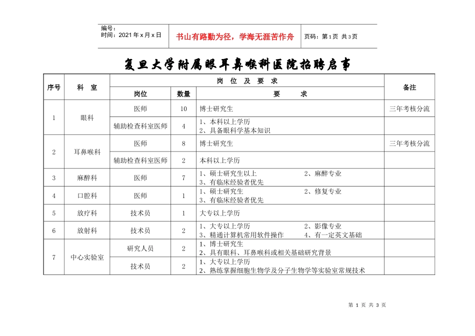 复旦大学附属眼耳鼻喉科医院招聘启事_第1页