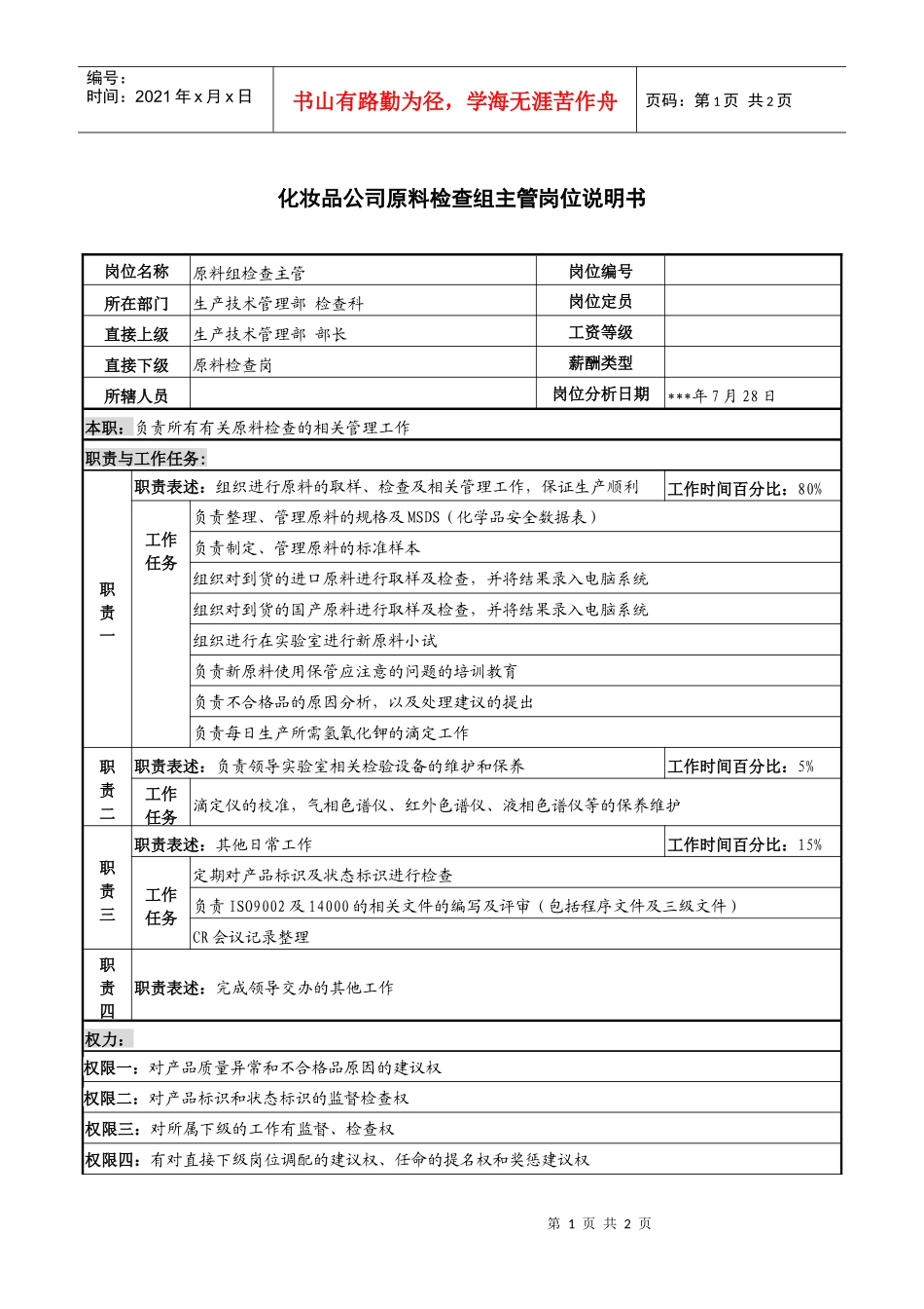 化妆品公司原料检查组主管岗位说明书_第1页