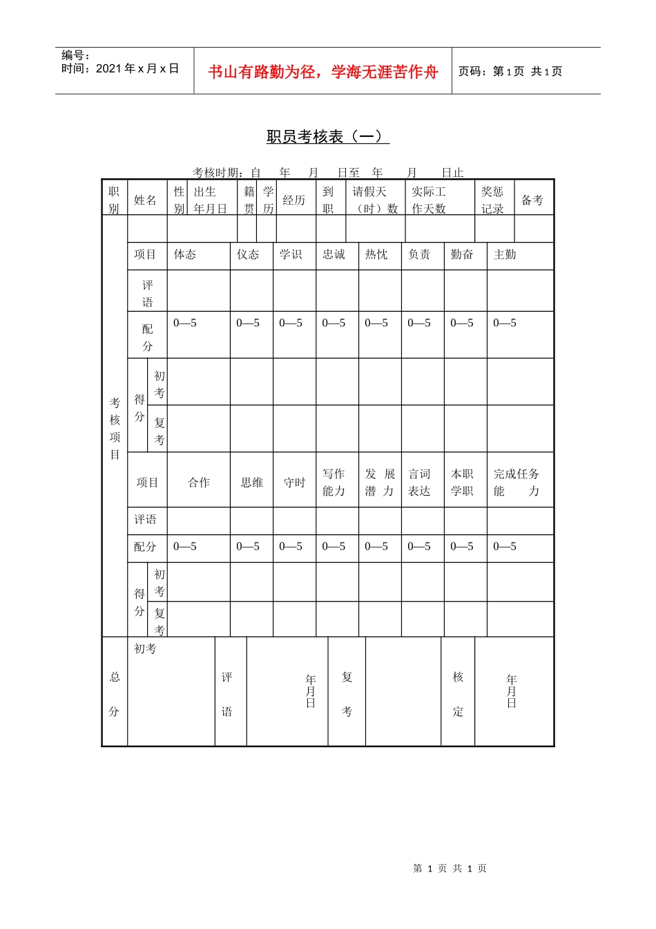 人力资源-2022249职员考核表（一）_第1页