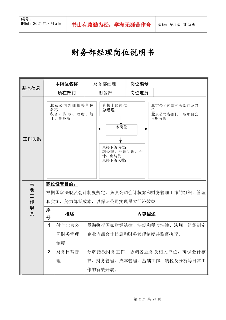 北京公司财务部岗位说明书_第2页