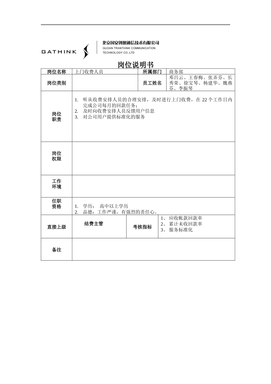 上门收费人员岗位说明书_第1页