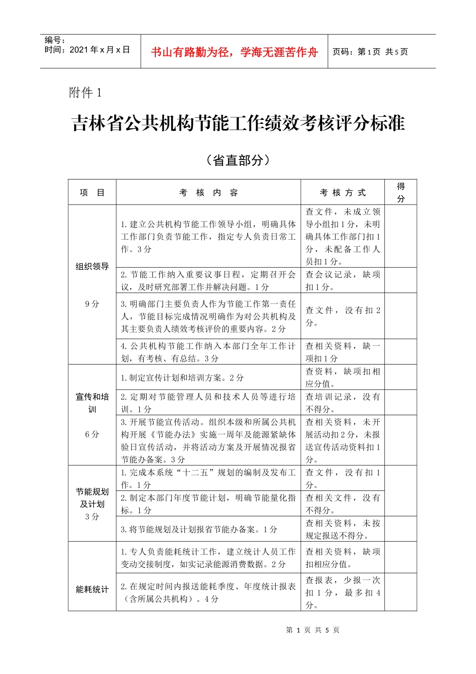 吉林省公共机构节能工作绩效考核评分标准_第1页