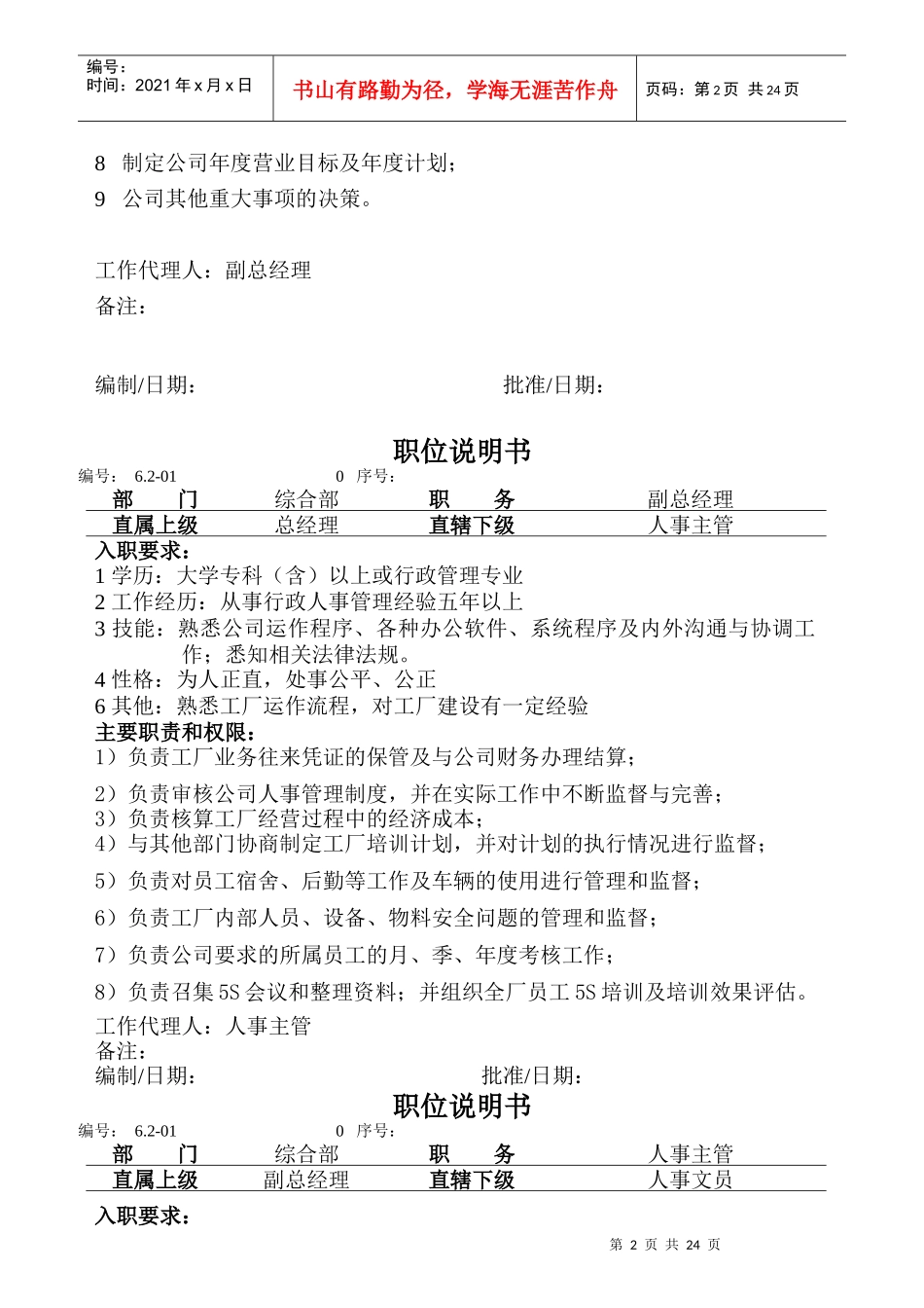 企业各岗位职位说明书_第2页