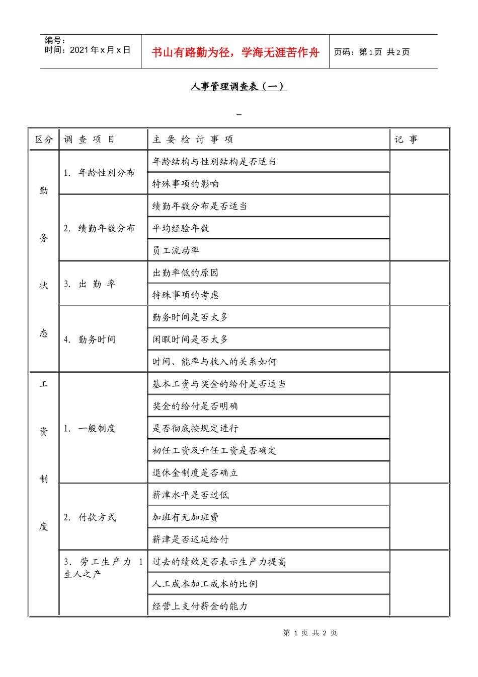 人事管理调查表（一）_第1页