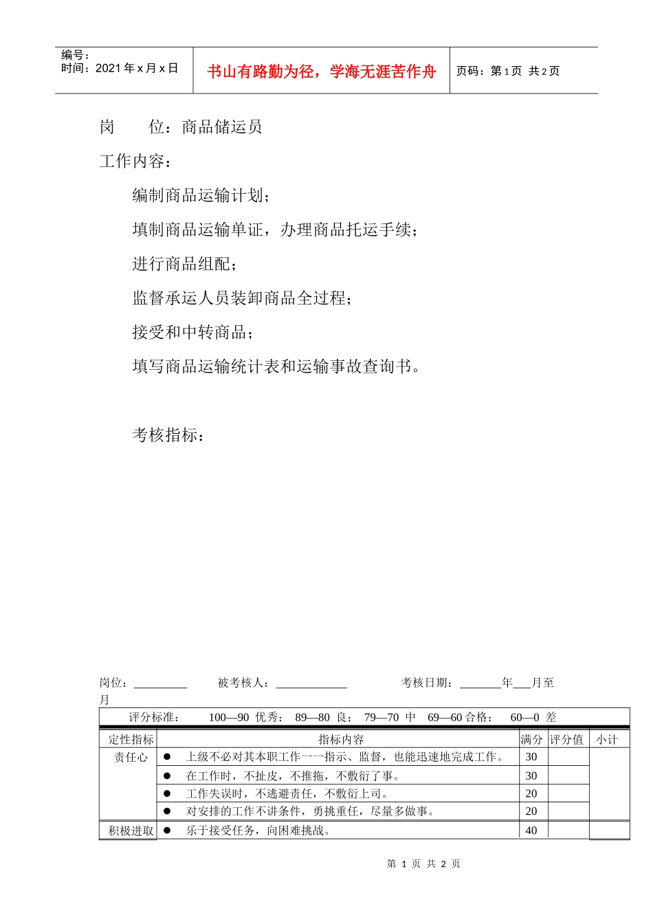 岗位工作内容和年度定性考核指标-商品储运员_第1页