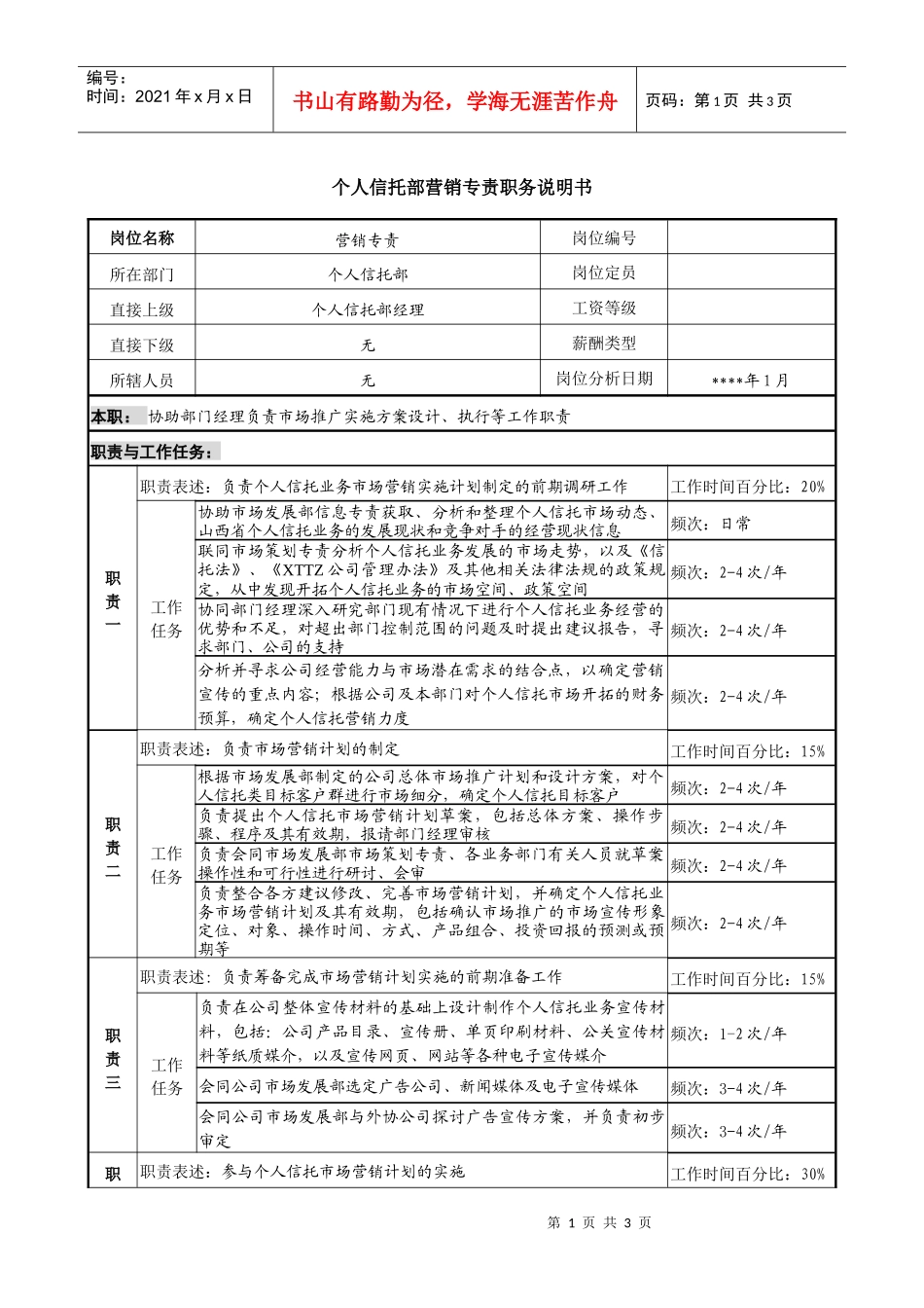 个人信托部营销专责职务说明书_第1页