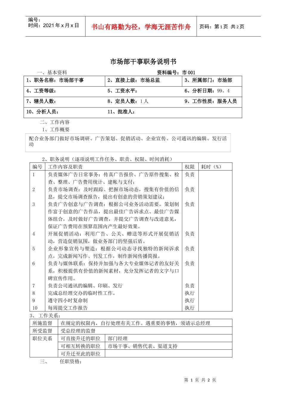 市场部干事职务说明书_第1页