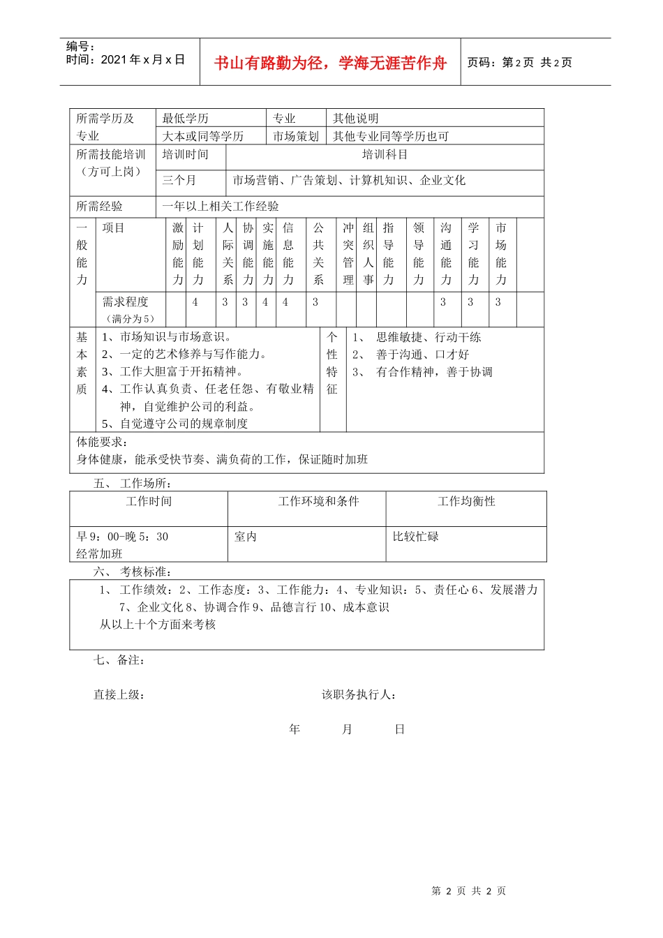 市场部干事职务说明书_第2页