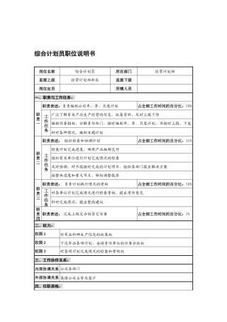 华北光学仪器公司经营计划部综合计划员职位说明书