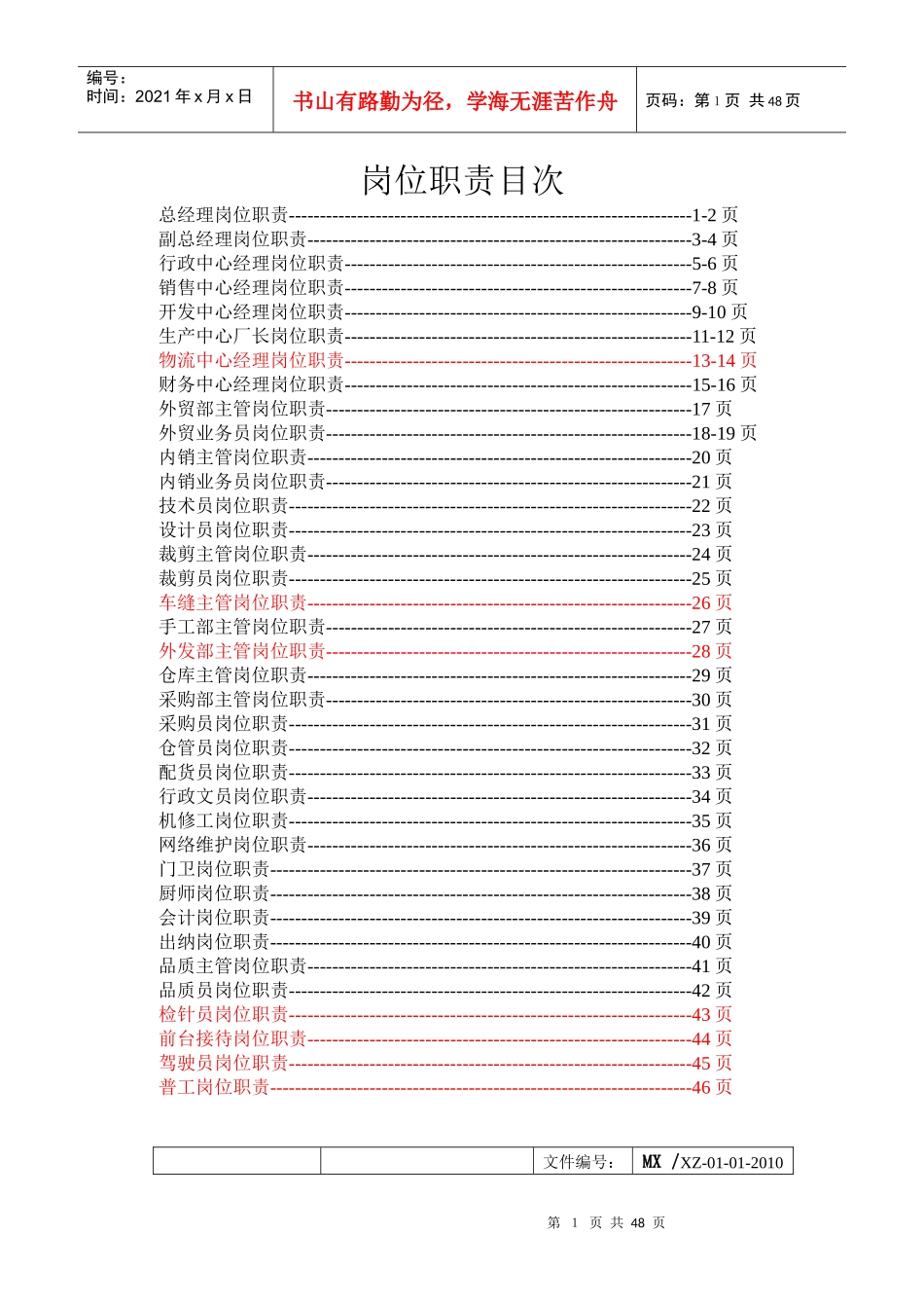 人力资源下载-职位分析→XX玩具制造公司职位说明书汇编_第1页