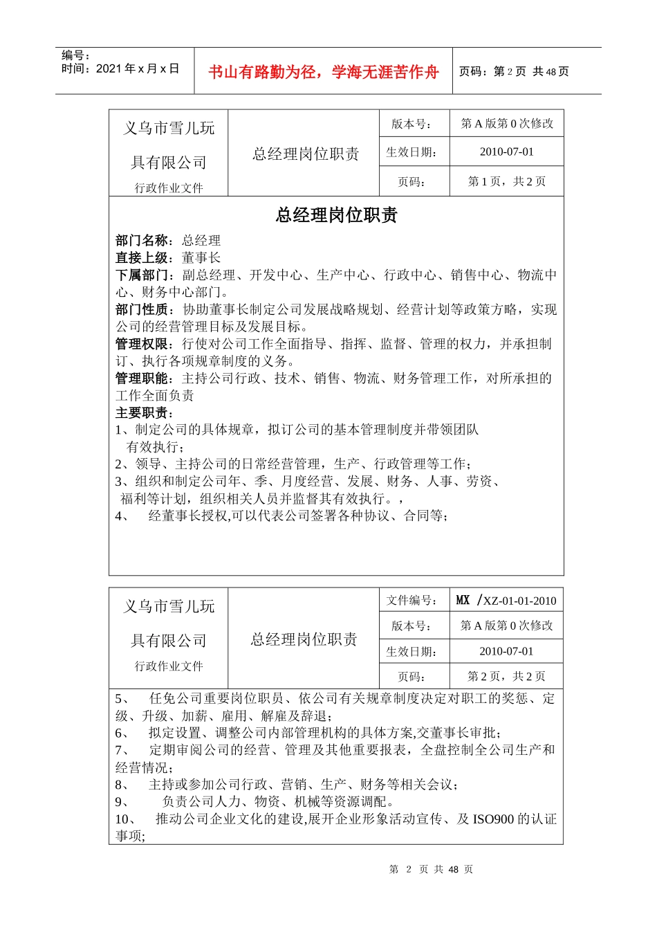 人力资源下载-职位分析→XX玩具制造公司职位说明书汇编_第2页