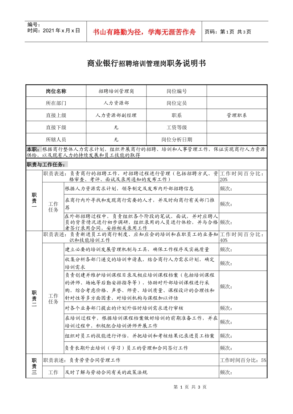 商业银行招聘培训管理岗职务说明书_第1页